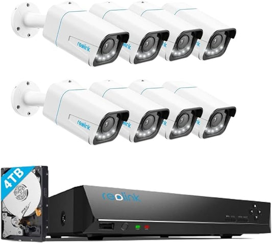 REOLINK 4K PoE Outdoor Security Camera System, 5X Optical Zoom, Spotlight Color Night Vision, Two Way Talk, 8X RLC-811A Bundle with POE NVR RLN16-410, Pre-Installed 4TB HDD 16CH Video Recorder