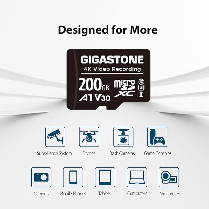 GIGASTONE 200GB Micro SD Card 2-Pack, A1 V30 4K Video Recording, Compatible with Security Camera, Dash Cam, Drone, 100MB/s MicroSDXC Memory Card UHS-I, with Adapter