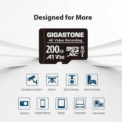 GIGASTONE 200GB Micro SD Card 2-Pack, A1 V30 4K Video Recording, Compatible with Security Camera, Dash Cam, Drone, 100MB/s MicroSDXC Memory Card UHS-I, with Adapter