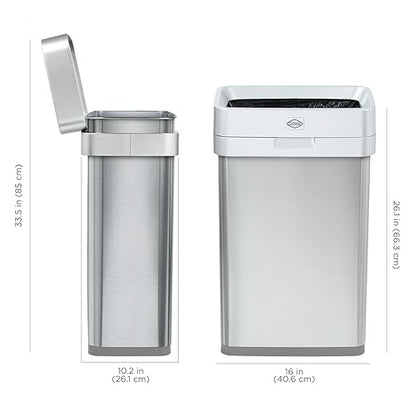 Clorox 13 Gallon Trash Can - 50L Slim Open Top Garbage Bin for Commercial Spaces, Kitchen, Office - Narrow Rectangular Stainless Steel Body with Hinged Rim Protection