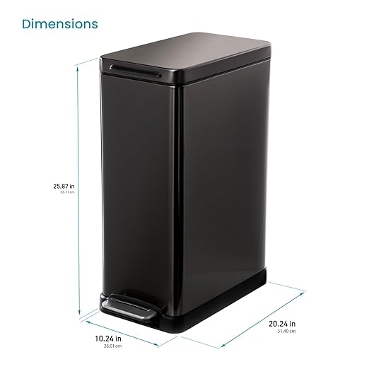 Home Zone Living 12 Gallon Slim Kitchen Trash Can with Soft Close Lid, Step Pedal, Bag Tuck Band, and Removable Liner, Stainless Steel, Black
