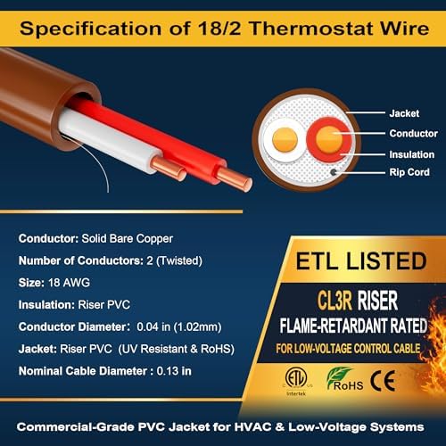 18/2 Thermostat Doorbell HVAC Wire, True Gauge 18 AWG 2 Conductor Solid Copper Control Cable, ETL Listed CL3R/CMR Riser Rated Flame-Retardant, RoHs, for 0-30V Low Voltage Systems - 20FT