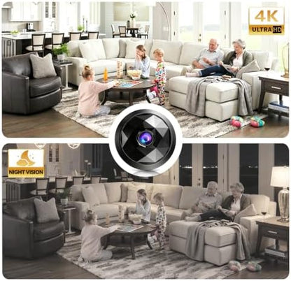 4K Indoor Hidden Camera, WiFi Mini Cam Night Vision Motion Alerts (Black)