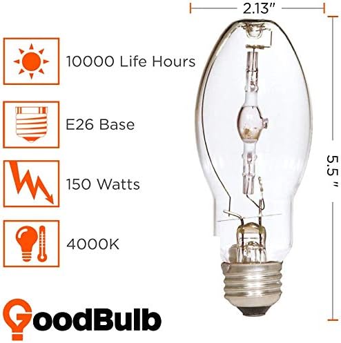 GoodBulb 150-Watt Metal Halide HID Light Bulb E26 Base EDX17 ANSI Code M102 High Output HID Light 4000K Cool White Color Clear Finish (Pack of 2 Bulbs)