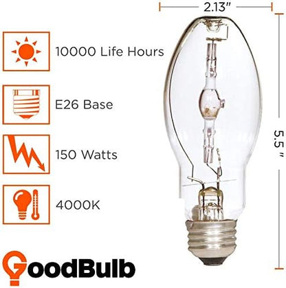 GoodBulb 150-Watt Metal Halide HID Light Bulb E26 Base EDX17 ANSI Code M102 High Output HID Light 4000K Cool White Color Clear Finish (Pack of 2 Bulbs)