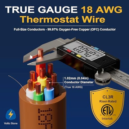 18/8 Thermostat Doorbell HVAC Wire, True Gauge 18 AWG 8 Conductor Solid Copper Control Cable, ETL Listed CL3R/CMR Riser Rated Flame-Retardant, RoHS, for 0-30V Low Voltage Systems - 75FT