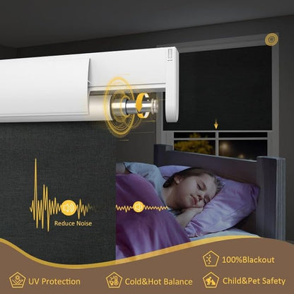 Motorized Blinds with Remote,100% Blackout Smart Blinds for Window Cordless Electric Blinds Compatible with Alexa Google Assistant(Black，Custom Size)