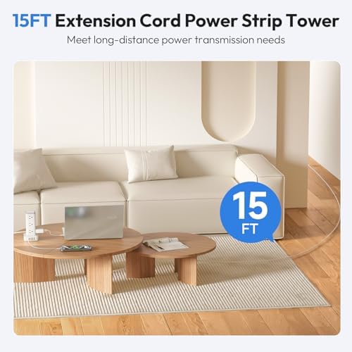 NTONPOWER Power Strip Tower with USB C Ports, 1080 Joules Surge Protector Tower, 1625W / 13A Overload Protection, 15 ft Extension Cord with Multiple Outlets, Power Outlet Tower for Home Office Dorm