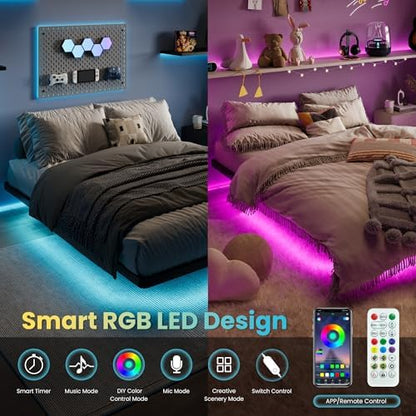 SHA CERLIN Queen Size Floating Bed Frame with Smart LED Lights, Black