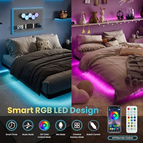 SHA CERLIN Full Size Floating Bed Frame with Smart LED Lights, Black