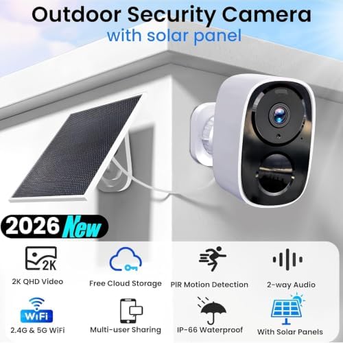 2 Pack 2.4G&5G Solar Security Cameras Wireless Outdoor with Free Cloud | Fast and Accurate Motion Detection, Ultra-long Battery Life, 2-Way Audio, IP65 Waterproof, Spotlight Siren