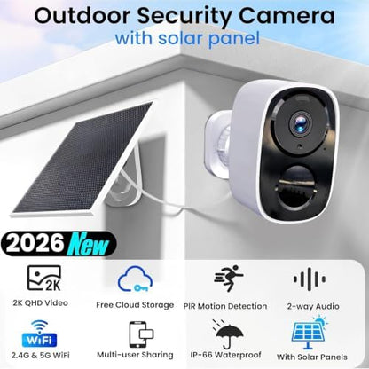 2 Pack 2.4G&5G Solar Security Cameras Wireless Outdoor with Free Cloud | Fast and Accurate Motion Detection, Ultra-long Battery Life, 2-Way Audio, IP65 Waterproof, Spotlight Siren