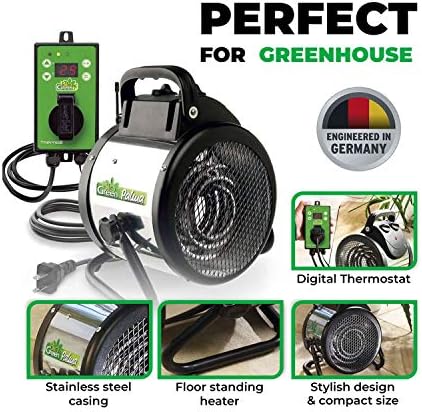 BioGreen Electric Greenhouse Heater & Fan with Digital Thermostat PALMA | 1500 Watts, 5100 BTU/hr | 5800 ft³/h Air Circulation -58 to 210.2°F | Stainless Steel | Spraywater Proof