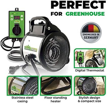 BioGreen Electric Greenhouse Heater & Fan with Digital Thermostat PALMA | 1500 Watts, 5100 BTU/hr | 5800 ft³/h Air Circulation -58 to 210.2°F | Stainless Steel | Spraywater Proof