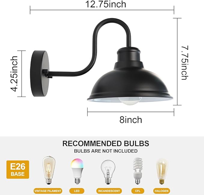 Outdoor Gooseneck Barn Light Fixture, 8 Inch Farmhouse Exterior Vintage Wall Mount Lighting, Anti-Rust Waterproof Industrial Matte Black Outside Wall Sconces for House Porch Patio Garage Yard