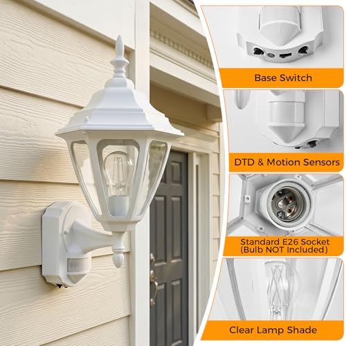 Porch Lights Outdoor Motion Sensor Wall Sconce Anti-Rust Aluminum, Exterior Outdoor Wall Lights Dusk to Dawn Porch Light Fixture Wall Mount for House Outside Patio Large White