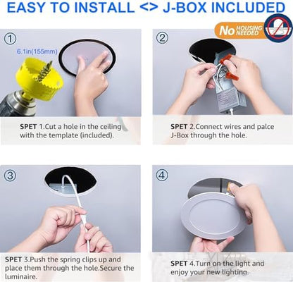 12 Pack 6 Inch Ultra-Thin LED Recessed Ceiling Light with Junction Box, 6000K Daylight White, 12W 110W Equivalent, Canless Wafer Slim Panel Downlight, 1050LM High Brightness