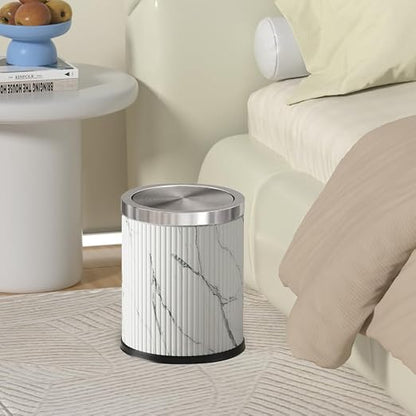 4 Gallon / 15L Trash Can Bathroom with Swing Lid, White Gold Garbage Can, Leather, Modern, Large Office Waste Basket, for Bedroom, Kitchen, Powder Room, Hotel, Business(15L Ink Marble)