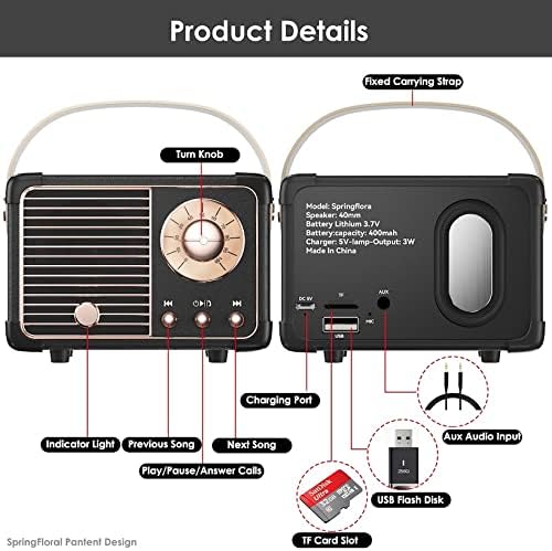 Retro Bluetooth Speaker, Vintage Decor, Small Portable Wireless Speaker,Hands-Free Call,400mA Battery,TF Card,Aux Line, for iOS Android Smartphone Home Office, Gift Ideas Black