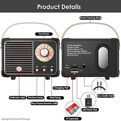 Retro Bluetooth Speaker, Vintage Decor, Small Portable Wireless Speaker,Hands-Free Call,400mA Battery,TF Card,Aux Line, for iOS Android Smartphone Home Office, Gift Ideas Black