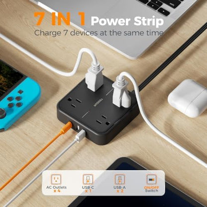 TESSAN Surge Protector Flat Extension Cord 5Ft, Flat Plug Power Strip