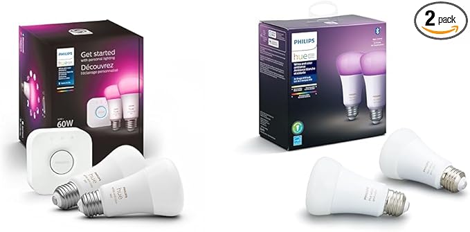Philips Hue White and Color Ambiance Smart Light Starter Kit - Includes a Bridge and (2) 60W A19 LED Color Changing Bulbs E26 & White and Color Ambiance 2-Pack A19 LED Smart Bulb