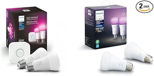 Philips Hue White and Color Ambiance Smart Light Starter Kit - Includes a Bridge and (2) 60W A19 LED Color Changing Bulbs E26 & White and Color Ambiance 2-Pack A19 LED Smart Bulb