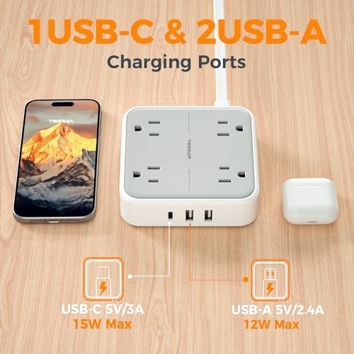 TESSAN Surge Protector Flat Extension Cord 5Ft, Flat Plug Power Strip