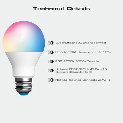 Smart A19 LED Bulb, WiFi + Bluetooth, 9W (60W Eq), RGB & Tunable White 2700K-6500K, 800 Lumens, Dimmable, E26 Base, Compatible with Alexa & Google Assistant