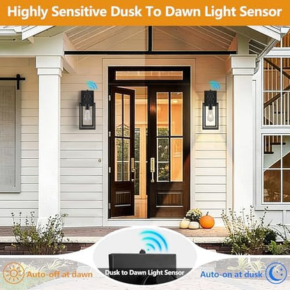 14 IN Dusk To Dawn Outdoor Light Fixture,Double Cage Satin Black Outdoor Wall Lanterns For House,Front Porch,Patio,Yard With Clear Tempered Glass,Waterproof Exterior Wall Light,E26 Base,1 Pack