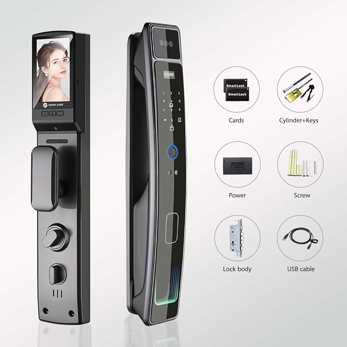 Smart Door Lock with Camera & 3D Face Recognition, Keyless Entry Door Lock with Fingerprint, Password, IC Card, Key, Usmart App Control, Video Doorbell Lock, Mortise Lock for Front Door, Home Security