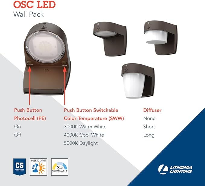 Lithonia Lighting LED Wall Pack Outdoor Light Fixture, Wall Sconce for Doorways and Garages, 3-in-1 Switchable White Light, 3 Diffuser Options, Dusk to Dawn Photocell, 120V, Bronze