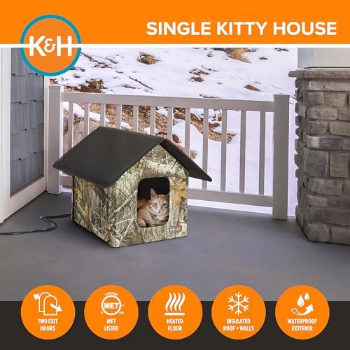 K&H Heated Cat House, Outdoor Kitty Shelter, Safety Listed, 20W, Camo