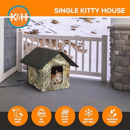 K&H Heated Cat House, Outdoor Kitty Shelter, Safety Listed, 20W, Camo