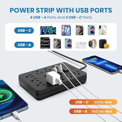 2 Pack JouleLoom Power Strip Surge Protector with 11 Outlets, 4 USB and 2 USB C Ports, 5 Ft Extension Cord, Flat Plug, Wall Mount, Overload Protection Desk USB Charging Station for Home, Office