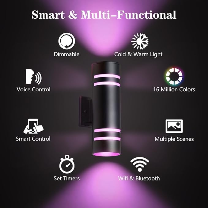 KIZON Smart Porch Lights 2 Pack, Modern Dusk to Dawn Outdoor Wall Lights Color Changing, Dimmable RGB Exterior Sconce Up and Down Light, Outside Lights for House Garage, Compatible with Alexa