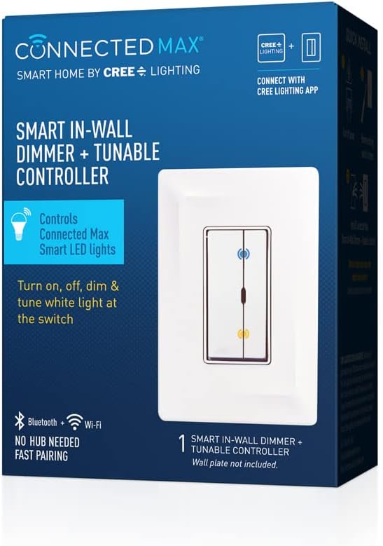 Cree Connected Max Smart In-Wall Dimmer & Tunable Controller For Connected Max Smart Bulbs, Smart Dimmer Switch, Compatible w/Any Connected Max Smart Bulb, Bluetooth + WiFi, 2.4 GHz, White, 1 Switch