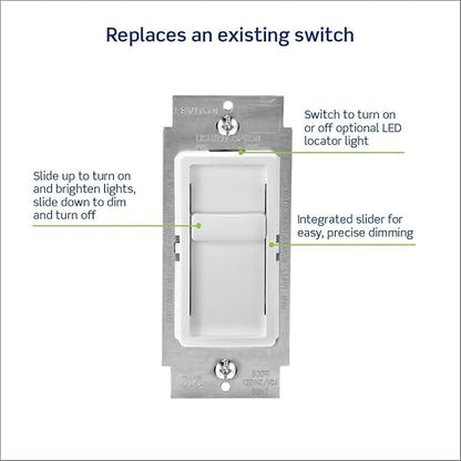 Leviton SureSlide Dimmer Switch for Dimmable LED, Halogen and Incandescent Bulbs, 6672-1LW, White
