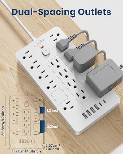 JouleLoom Surge Protector Power Strip-14 Outlets and 6 USB Ports, 20 Feet Flat Plug Extension Cord, 1850 Joules, White, ETL Listed for Home, Office, Dorm Room