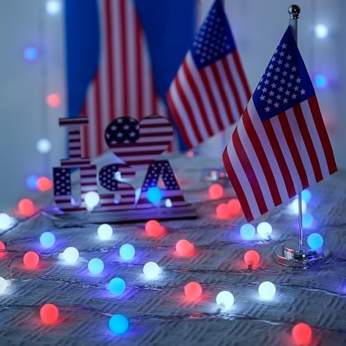 JMEXSUSS Red White and Blue Lights Battery Operated, 33ft 4th of July Lights Outdoor Waterproof, 100 LED String Light for Independence Day Memorial Patriotic Day Decor (Pack of 2)
