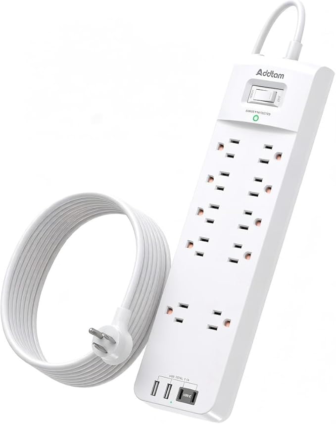 Addtam Power Strips with Surge Protection, 12FT Long Extension Cord with Multiple Outlets, Surge Protector Power Strip with 10 Outlets and 4 USB Ports(2 USB C), Flat Plug, 2700J, White