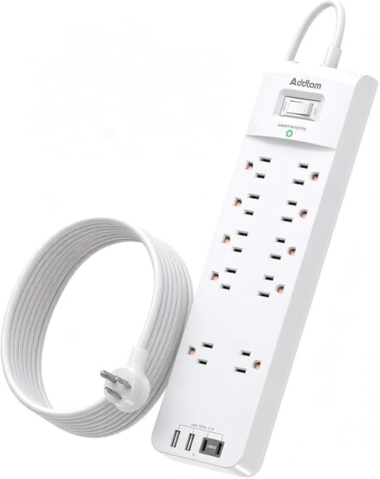 Addtam Power Strips with Surge Protection, 12FT Long Extension Cord with Multiple Outlets, Surge Protector Power Strip with 10 Outlets and 4 USB Ports(2 USB C), Flat Plug, 2700J, White