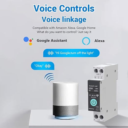 WiFi Circuit Breaker, 1P+N 20A 230V Smart Home Wireless Remote Control Switch Timer Voice Control Energy Monitor Compatible with Smart Life TUYA APP DIN Rail Mounted