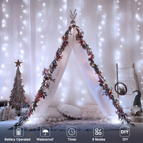 echosari 9.8Ft×9.8ft Curtain Lights Battery Operated with Remote Cool White