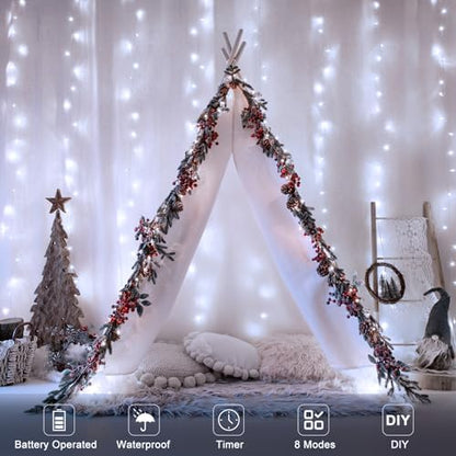 echosari 9.8Ft×9.8ft Curtain Lights Battery Operated with Remote Cool White