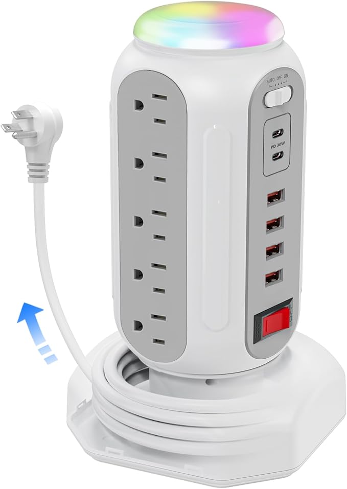 Fast Charging Station Power Tower - 15 AC Outlets & Dual USB-C 30W (Single Port 30W/2 Ports 15W Each), 4 USB-A, Retractable Cord Surge Protector with Top Night Light for Home Office Dorm Room