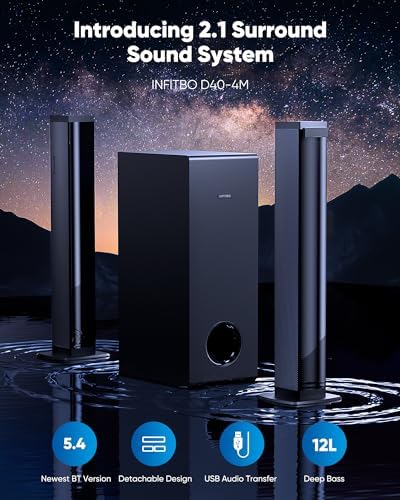 INFITBO Sound Bar for Smart TV 2.1CH 190W Peak Power Soundbar with Subwoofer Detachable 2-in-1 BT 5.4 Surround Sound System 12L Deep Bass for PC Game with HD-ARC/Opt/USB/AUX Home Theater