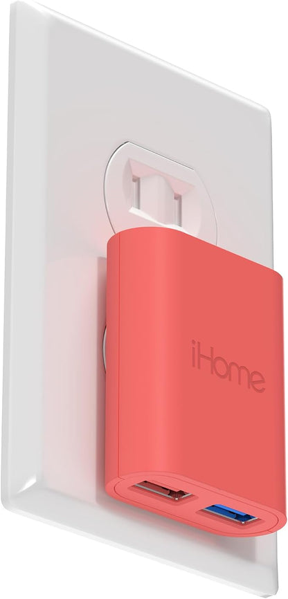 iHome Slim 2-Port USB Wall Charger, Flat Multiport Travel Plug Adapter | Dual USB-A ports, 2.4A Rapid Charge, Foldable Prongs, Slim Design, Compatible with iPhone, Android, iPad, AirPods for Home