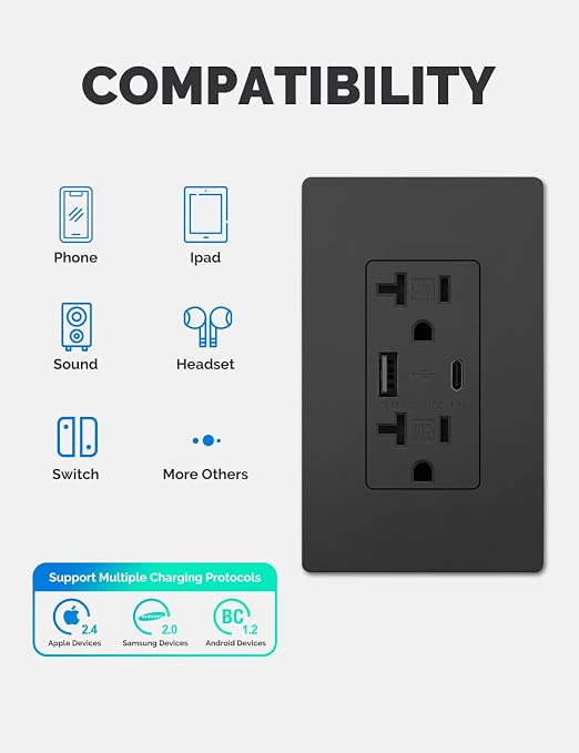 MOES USB Wall Outlet 20 Amp, USB-C and USB-A 24W Charging, Black, 6 Pack