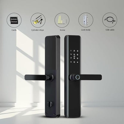 Smart Door Lock with Handle – Keyless Entry Deadbolt with Fingerprint, Touchscreen Keypad, Tuya App Control, Passcode & Key, Doorbell, Auto Lock Electronic Front Door Lock for Home Security, Black